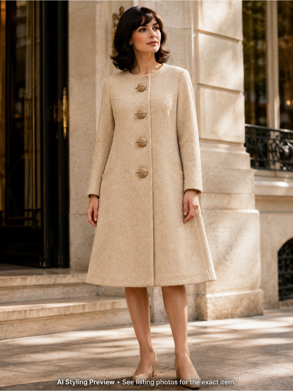 Vintage 1960s 70s Primrose Petites Cream Swing Coat Mod Jackie O Size M